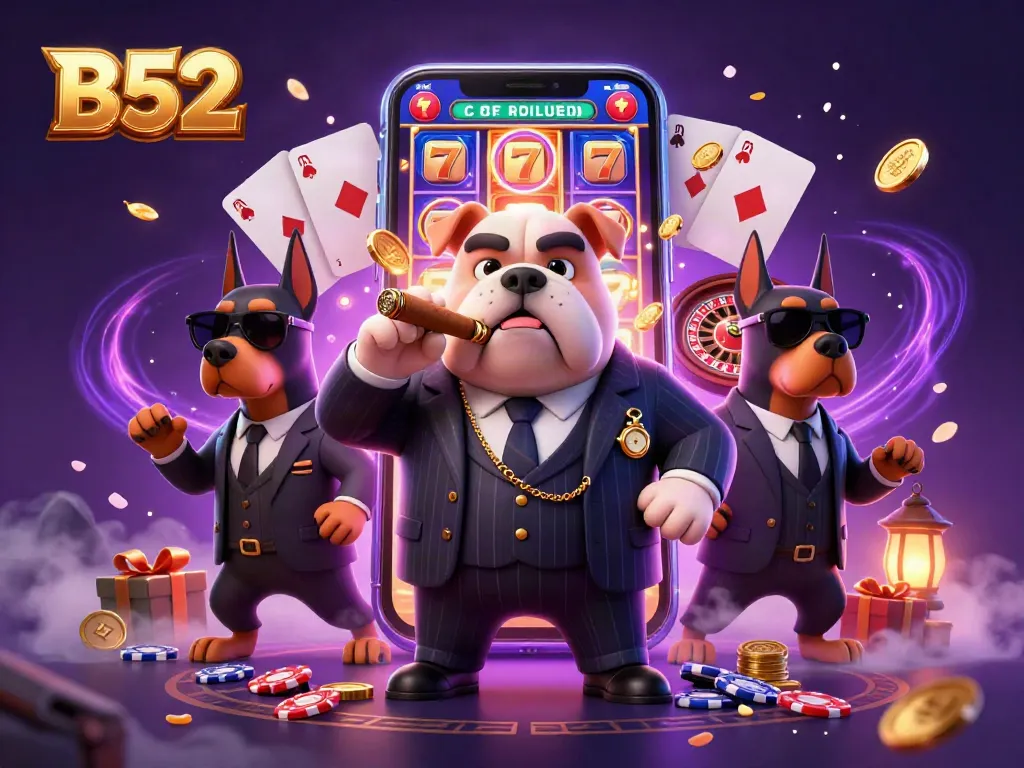 Experience thrilling wins at B52 slots with mafia-themed 3D illustration showcasing dynamic casino elements.