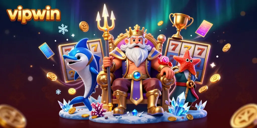 Experience the excitement of vipwin with a 3D cartoon sea king and elements of slots and jackpots.