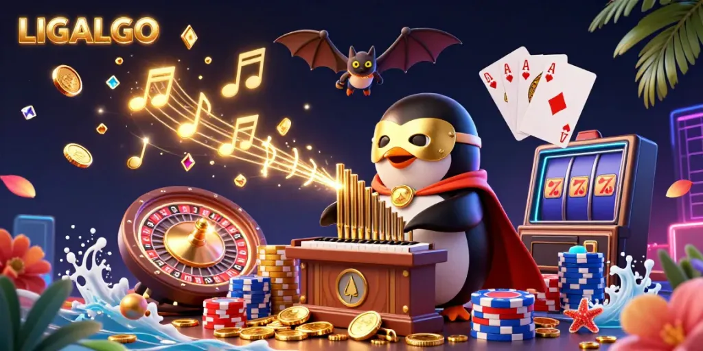 Experience LIGALGO with a vibrant 3D casino scene featuring gold coins, a penguin organist, and dynamic game elements.