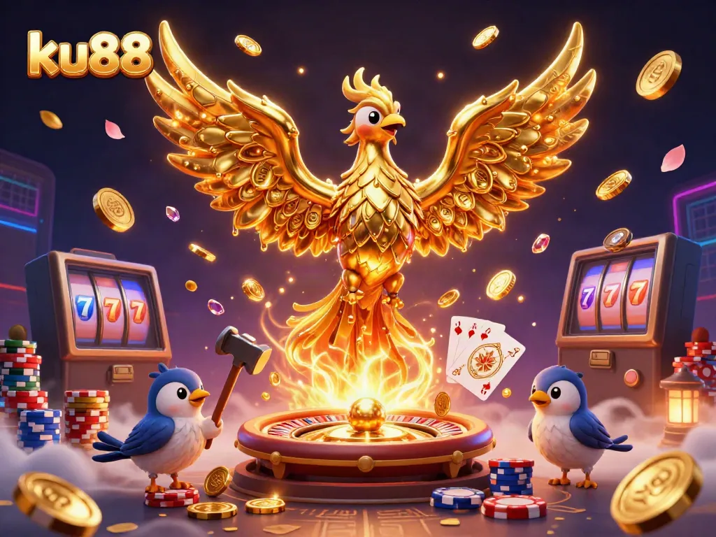 Win big at ku88 with the molten golden phoenix and dynamic casino elements in this 3D illustration.