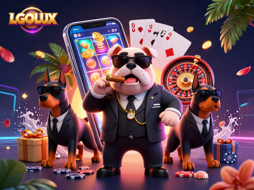 LGOLUX offers thrilling gaming visuals featuring a mafia boss dog and exciting slot elements.