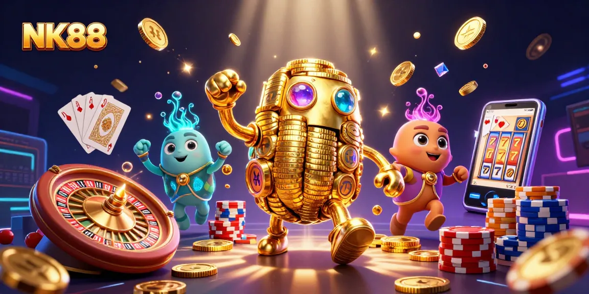 Join the excitement with NK88, where a golden golem and vibrant casino elements create a thrilling gaming experience.