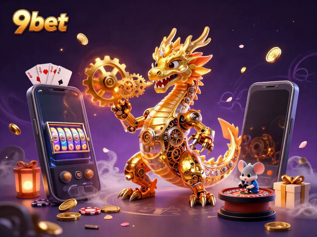 Experience thrilling gaming with a vibrant 9bet illustration featuring a golden dragon and interactive casino elements.