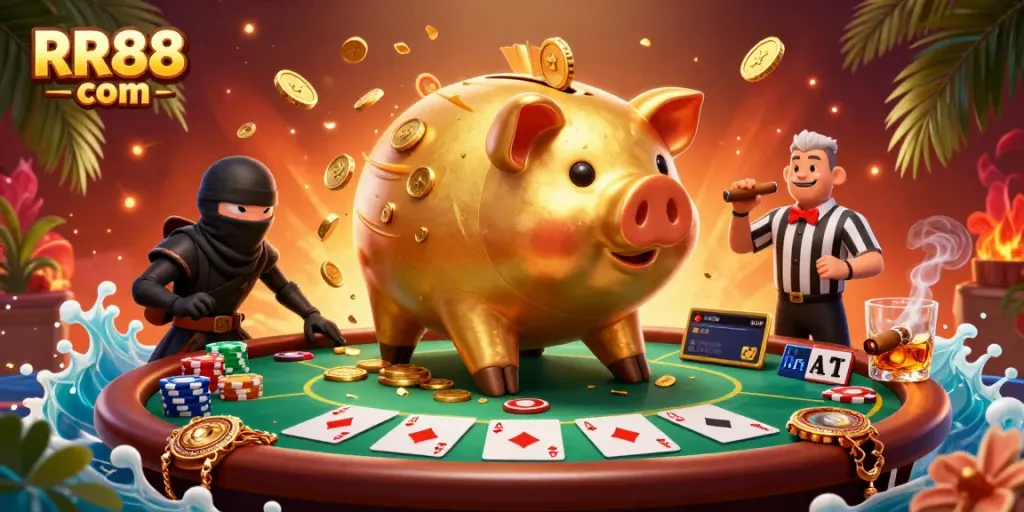 Experience gambling excitement at RR88 com with playful characters amidst vibrant casino elements in a rich setting.