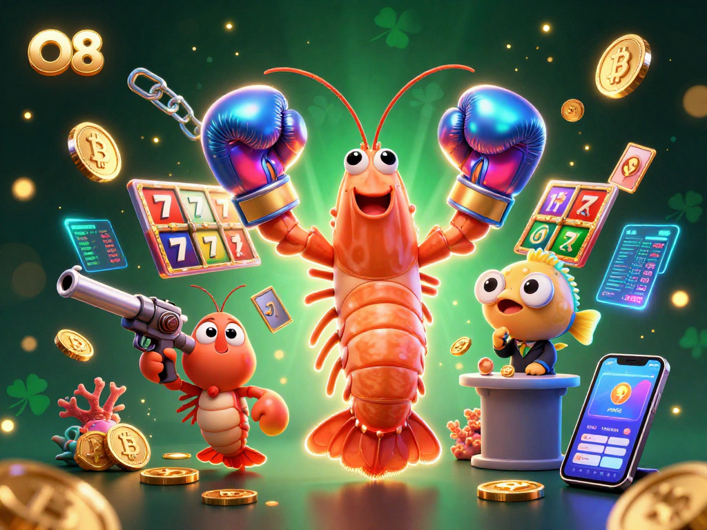 Experience thrilling wins at O8 with vibrant slot reels and dynamic shrimp characters.