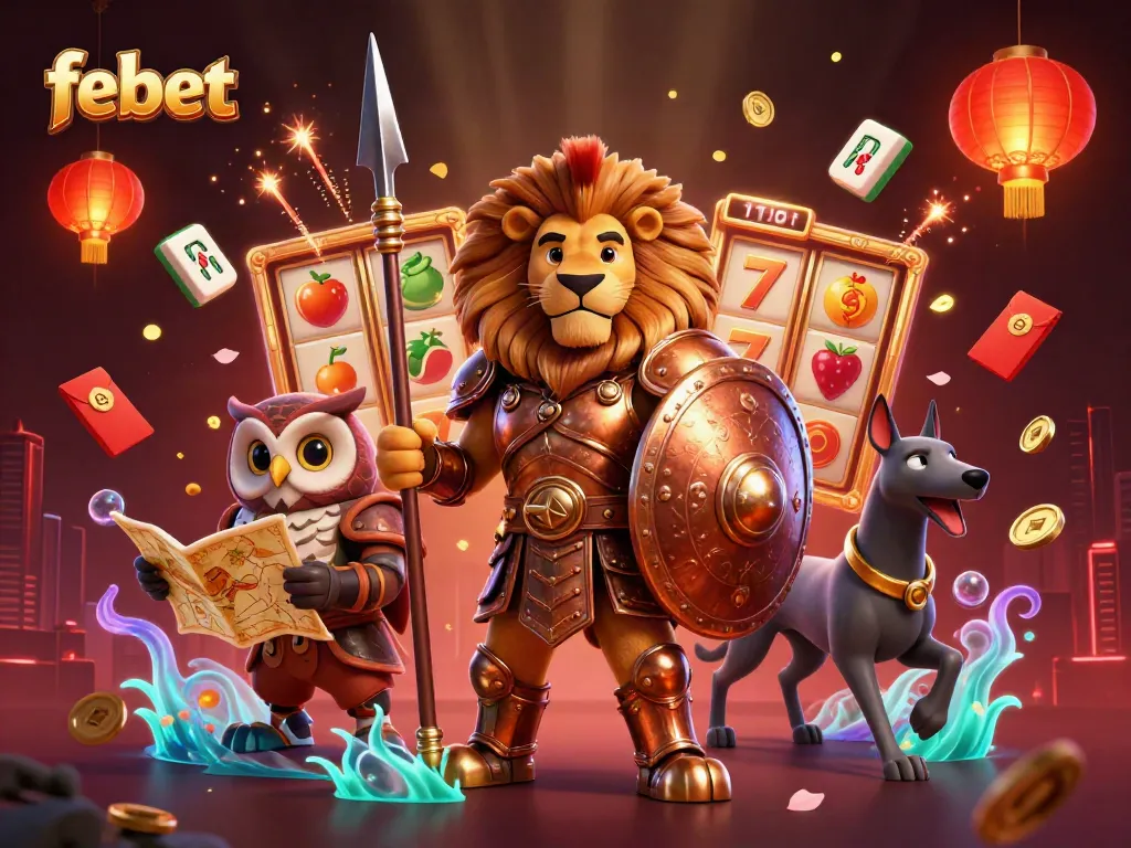 Play epic games at febet with a dynamic scene of a Spartan lion and lucky 7s, celebrating wins.