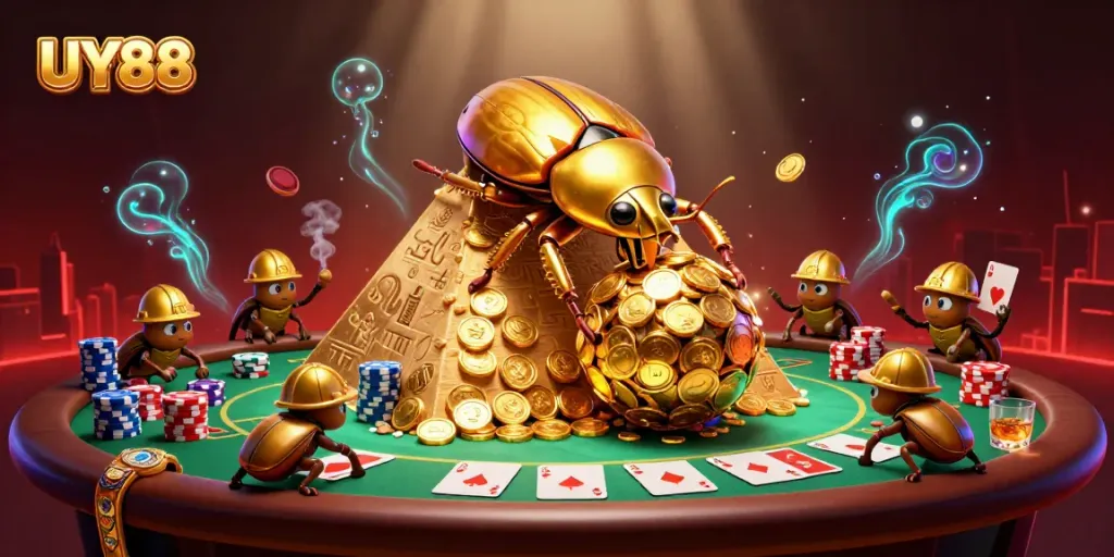 Experience the excitement of UY88 casino with unique beetle-themed gambling illustration.