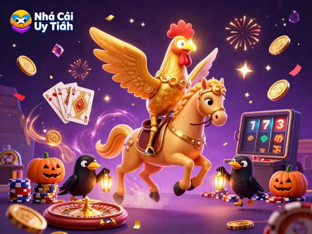 Experience the vibrant casino environment with Nhà Cái Uy Tín showcasing golden rooster and enchanting elements.