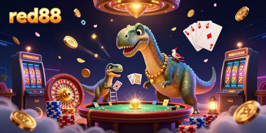 Experience excitement at red88 with dynamic characters and casino elements in a vibrant 3D illustration.