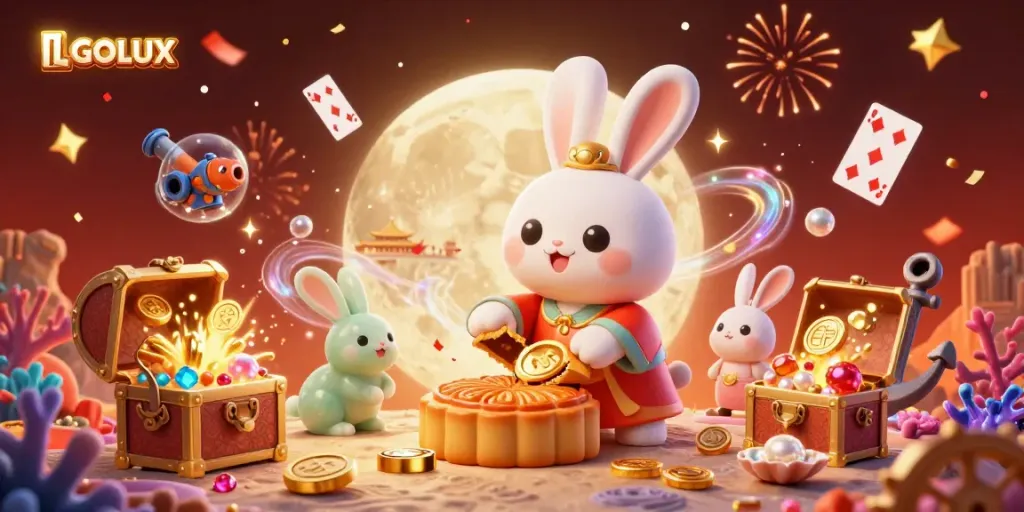 Celebrate wins with LGOLUX as a cartoon moon rabbit and jade companion reveal poker chips from mooncakes on a vibrant lunar surface.