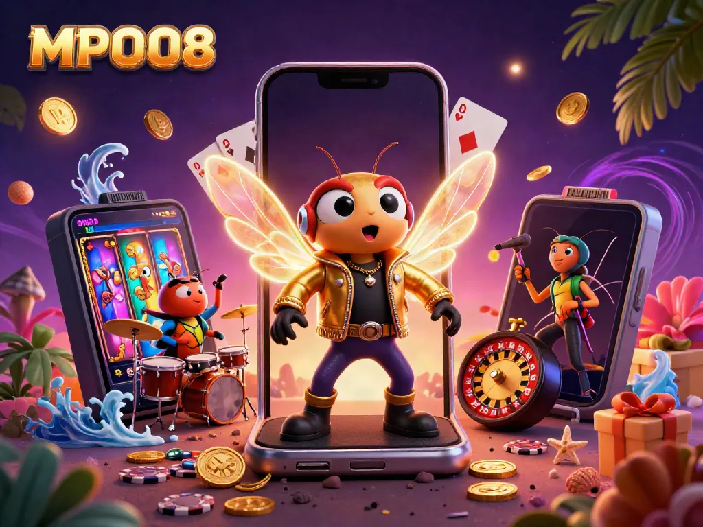 MPO08 showcases a vibrant 3D scene of a rock star cicada, interactive slot game elements, and energetic atmosphere promoting casino fun.