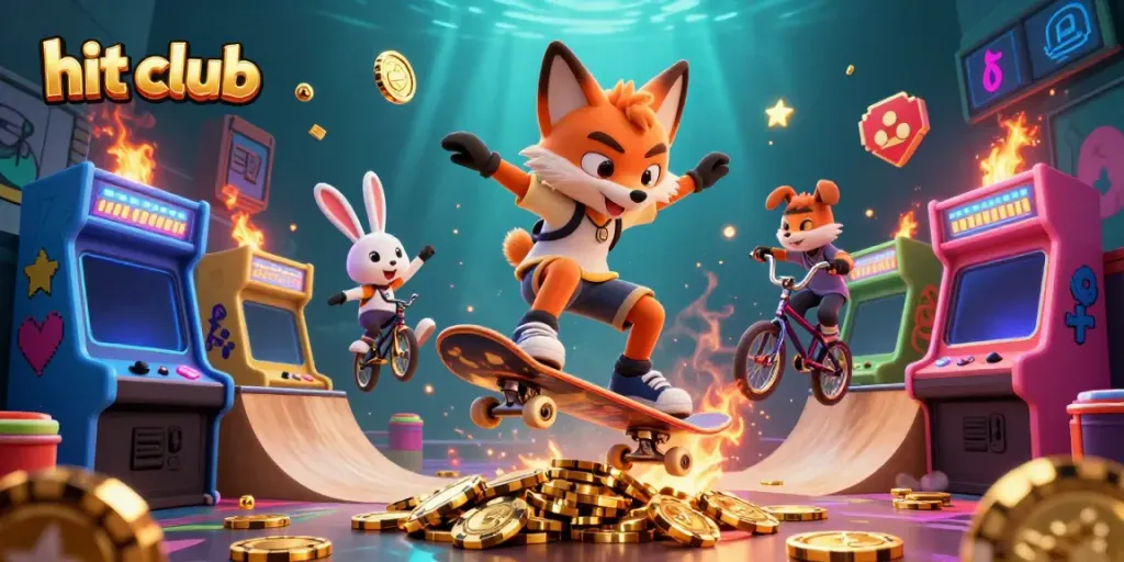 Engaging hit club illustration of a skateboard fox and BMX rabbit showcasing casino game elements and vibrant colors.