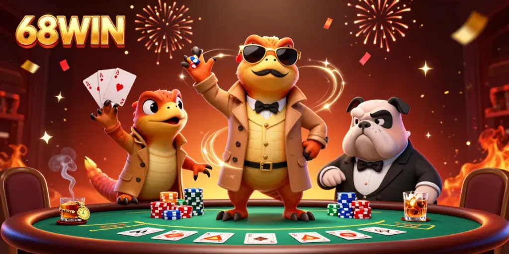 Engage with thrilling 68WIN casino adventures featuring playful raptors and poker action.