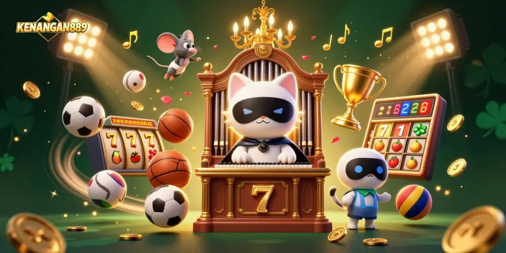 Engage with KENANGAN889 in this dynamic casino illustration featuring vibrant characters and game elements.