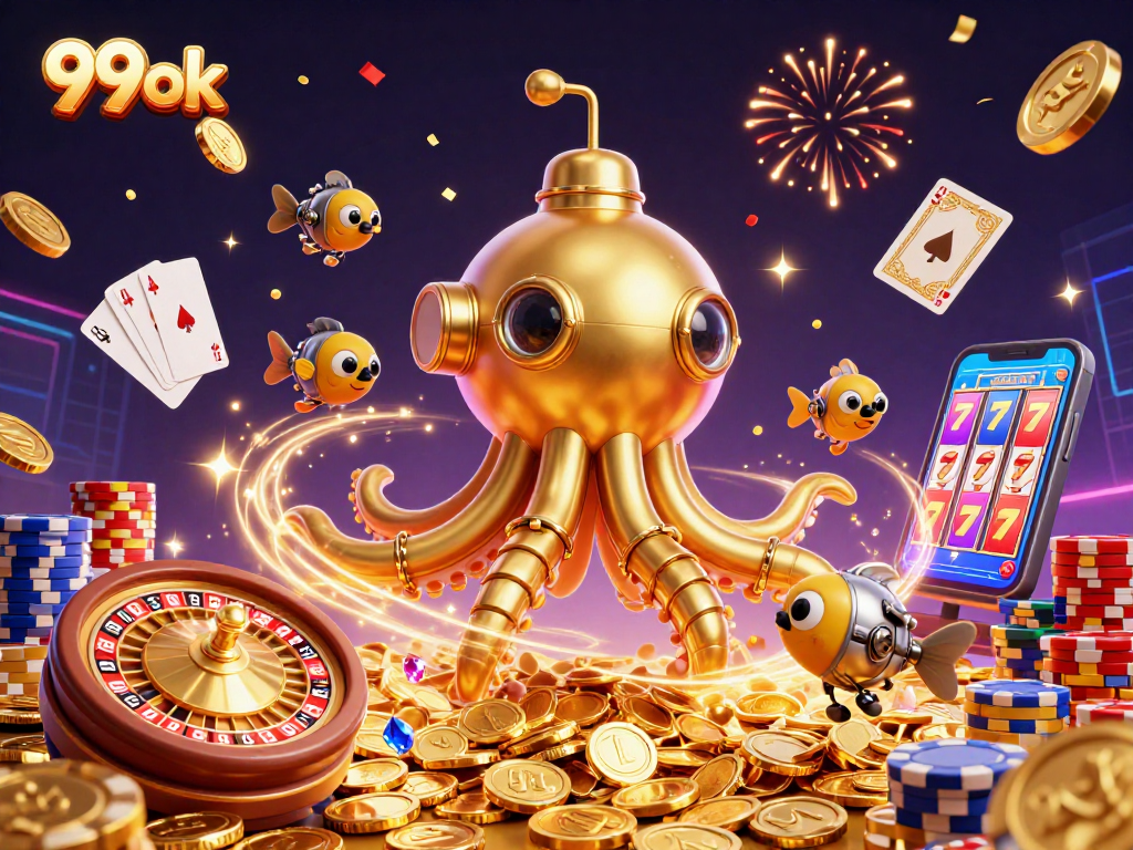 Spin to win at 99ok with our stunning casino-themed illustration filled with golden coins!