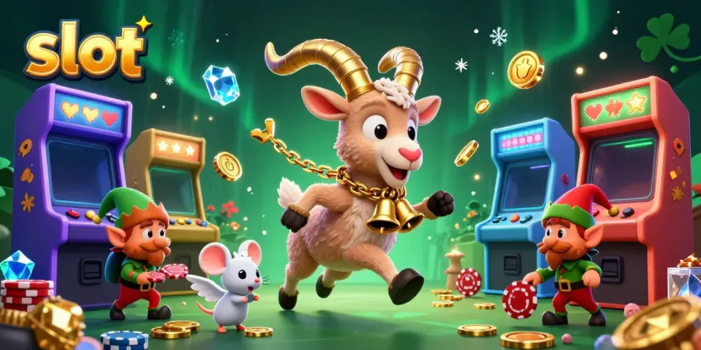 Experience thrilling slot action with cartoon characters in a festive casino scene.