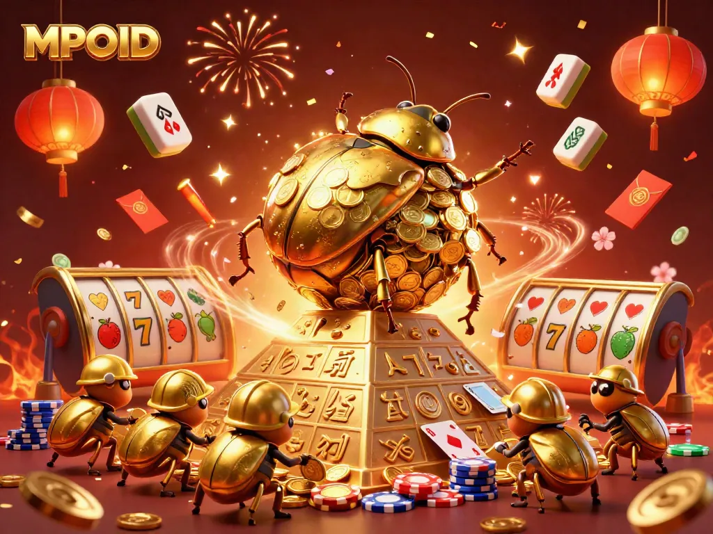 Engage with MPOID as a golden beetle rolls coins in a vibrant gaming scene.