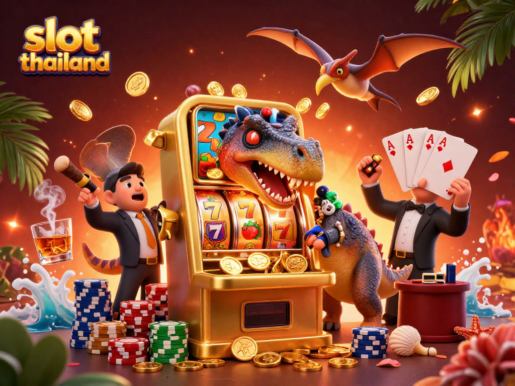 Catch the excitement of slot thailand with a dinosaur at a golden machine paying off jackpot coins.