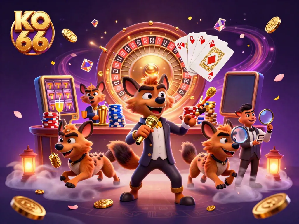 KO 66 comedians entertain in a vibrant casino scene with golden coins and luck symbols.