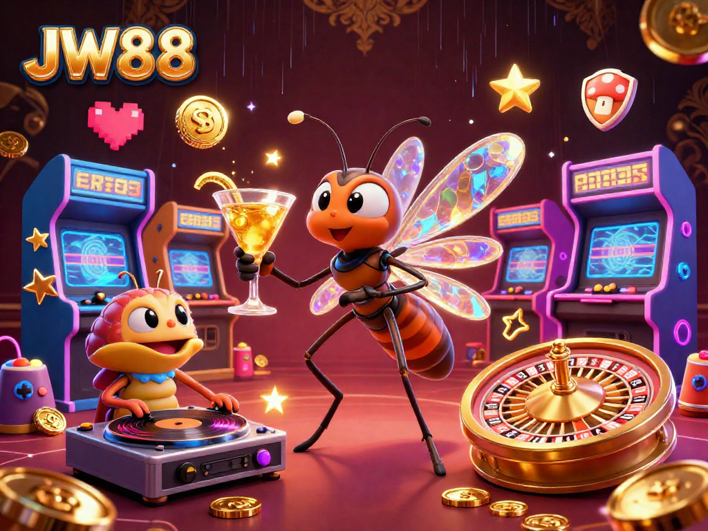 Experience JW88's dynamic gaming scene with a vibrant casino mascot and thrilling elements.