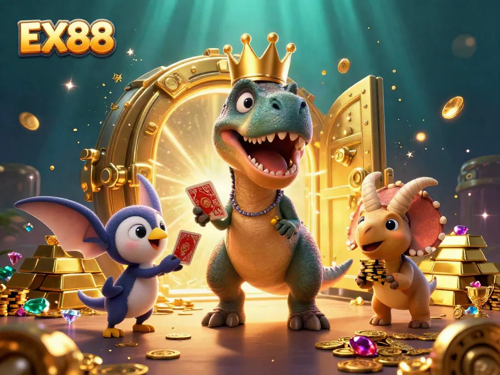 Experience the excitement of EX88 with vibrant casino characters and treasures.