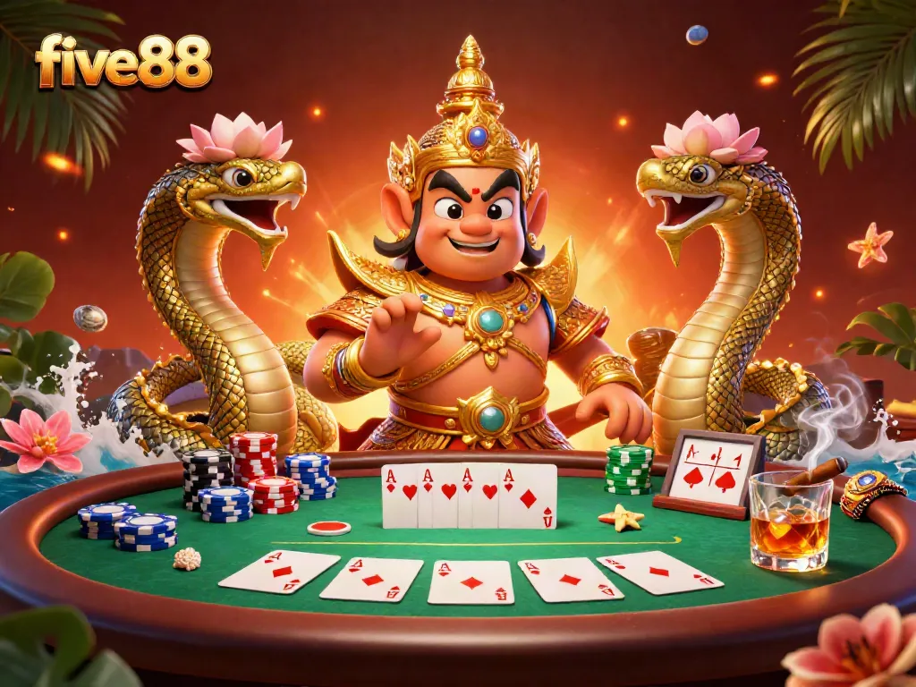 Experience thrilling poker action at five88 with a vivid fantasy scene featuring a guardian and Naga companions.