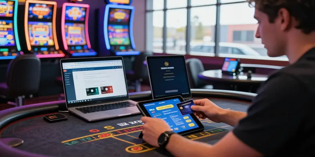 Engaging player at an amex casinos table, vibrant gaming atmosphere, colorful slots.