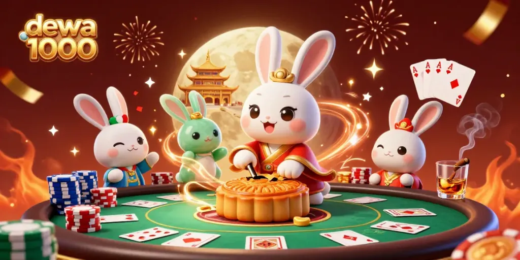 Experience the thrill of gaming at dewa 1000 with a lively illustration of casino elements and lunar themes.