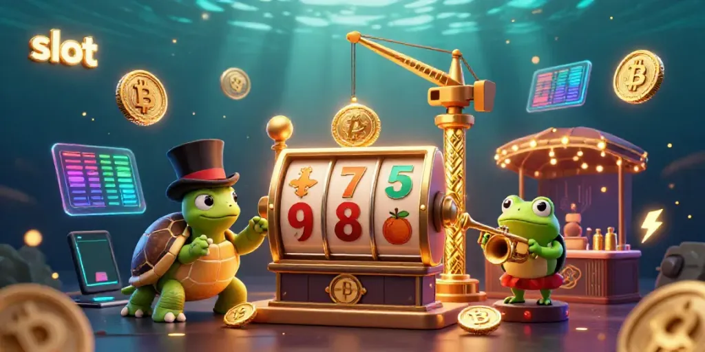Engage with vibrant slot machine action featuring cartoon characters and crypto elements.