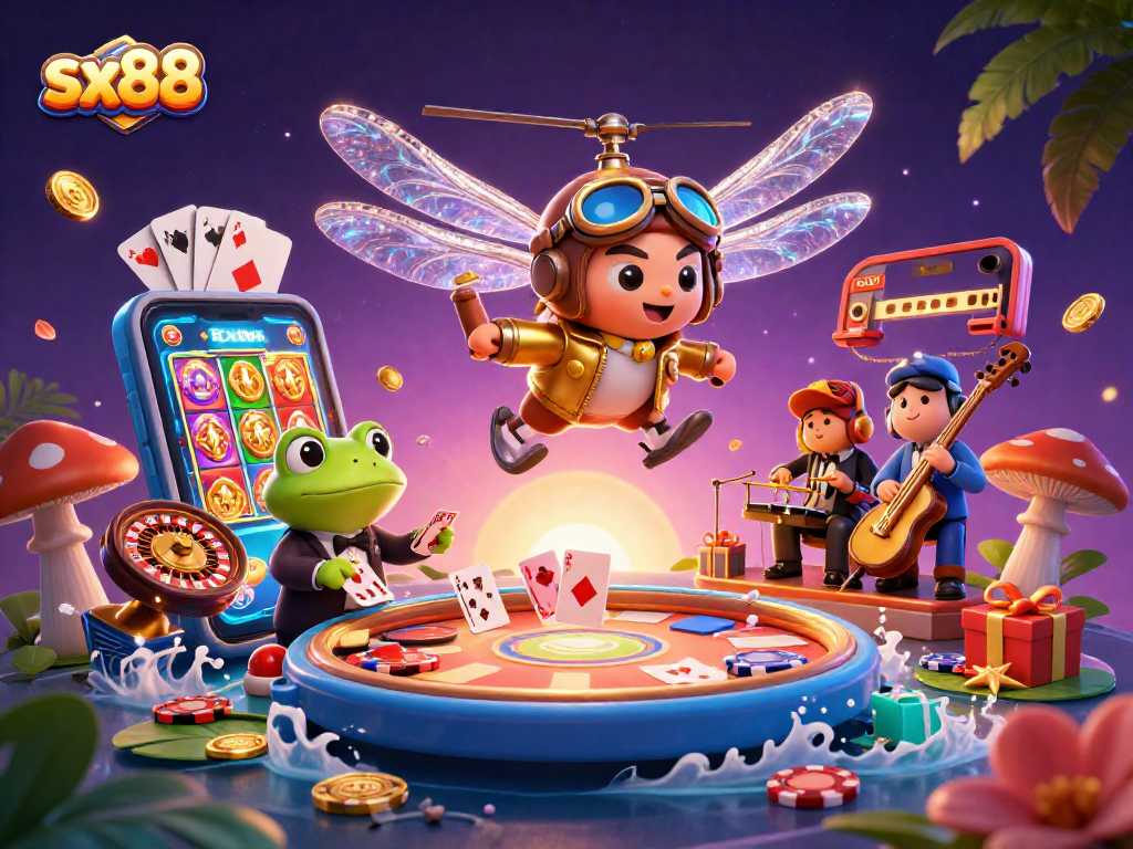 SX88 dragonfly pilot above a lily pad casino, with frog croupier and musicians, showcasing vibrant gambling elements.