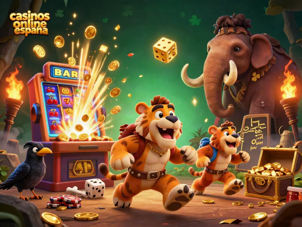 Disfruta de la emoción de los casinos online España con una ilustración vibrante de un casino prehistórico.