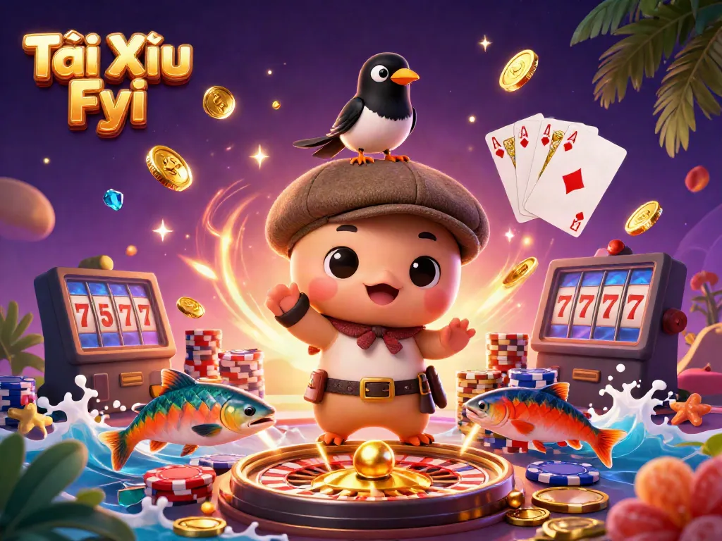 Play exciting Tài Xỉu Fyi with banners of shimmering gems, coins, and playful characters.
