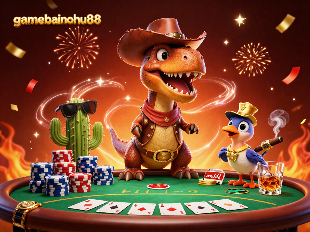 Gamebainohu88 challenges players with a dynamic poker scene featuring cartoon characters and colorful chips.