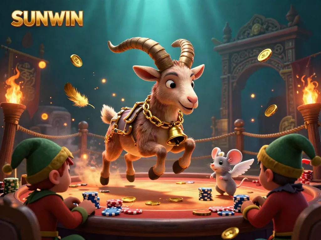 SUNWIN Krampus goat leads a festive horror casino scene with an angel mouse and mischievous elf gremlins.