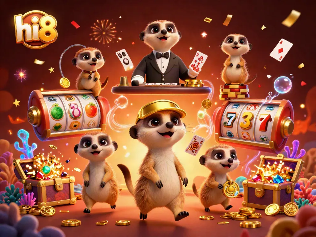 Experience dynamic gaming action with hi 88 featuring charming meerkats in a vibrant casino scene.