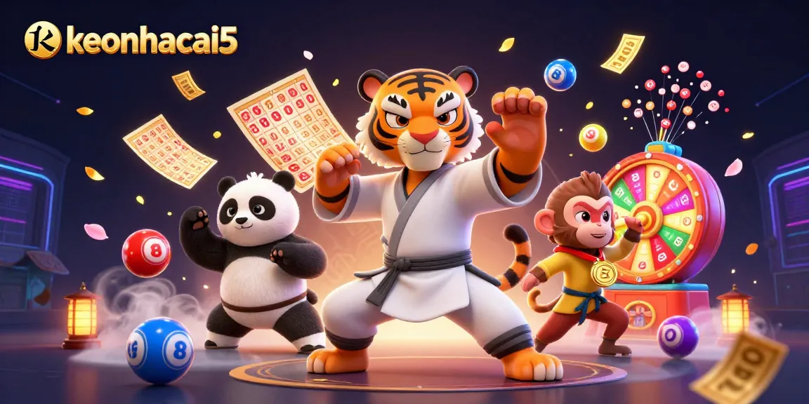 Engage with keonhacai5 as a kung fu tiger master showcases dynamic lottery elements in vibrant 3D illustration.