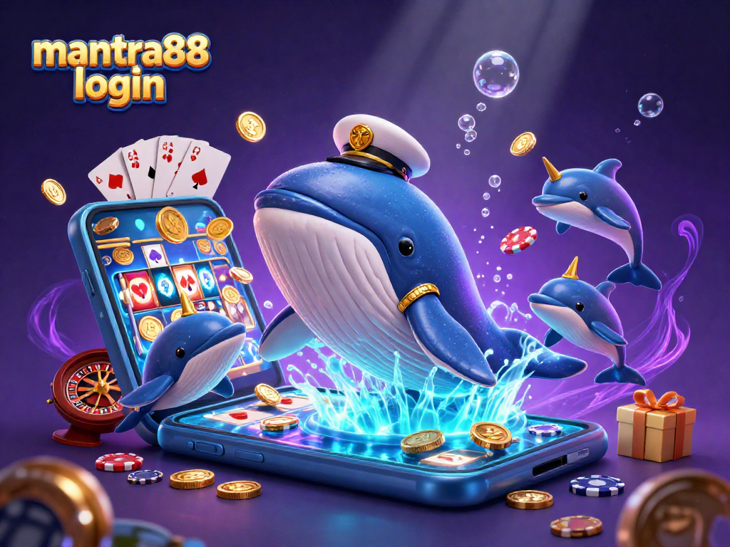 Play a winning game with mantra88 login, featuring a 3D whale and vibrant casino elements.