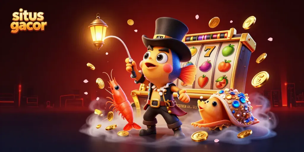 Engage with situs gacor as a 3D anglerfish and pirate shrimp celebrate casino wins with glowing treasures.
