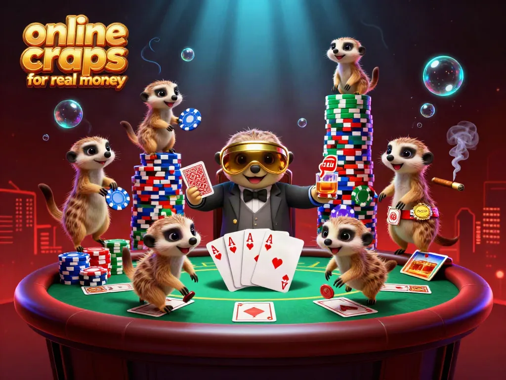 Join the excitement of online craps for real money with this lively meerkat casino scene featuring card dealers and a pit boss.