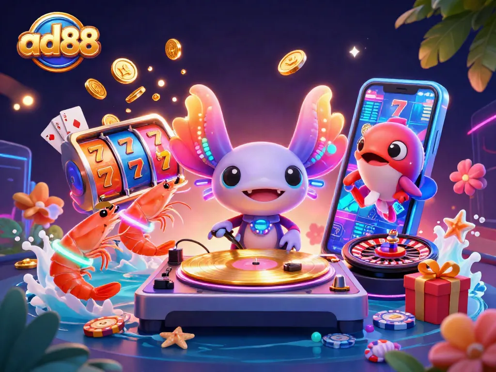 Catch the action with ad88's vibrant slot game scene featuring a neon axolotl DJ.