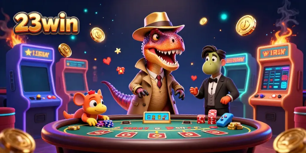 Experience the excitement of 23win as a velociraptor card counter mingles at a blackjack table.