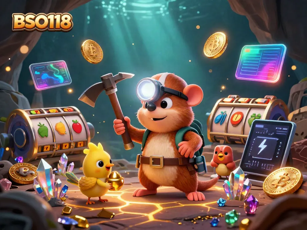 BSO118 showcases thrilling slot adventures with eye-catching treasure hunter characters in a gem-filled cave.