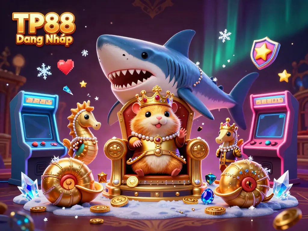 Engage in a thrilling gaming experience with TP88 Đăng Nhập featuring a golden hamster king and vibrant casino elements.