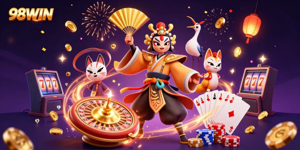 Engage in thrilling casino experiences with 98WIN as golden coins and sparkling gems rush around vibrant characters in a magical setting.