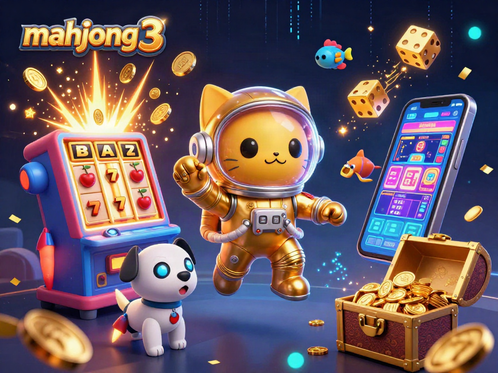 Engage with mahjong 3 in an exciting 3D space illustrated scene filled with casino-themed elements.