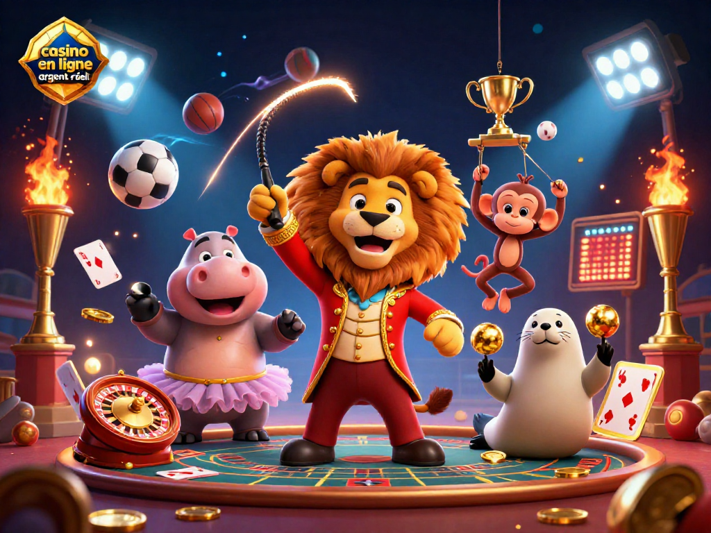 Vivez l'excitation du casino en ligne argent réel avec cette illustration dynamique d'un lion maître de cérémonie et ses amis.