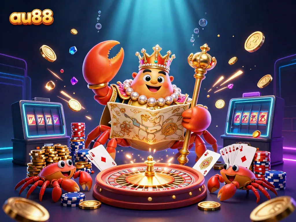Experience the thrill of au88 gaming with a 3D crab emperor surrounded by sparkling treasures and vibrant casino elements.