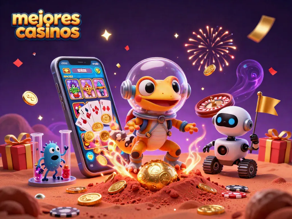 Ilustración de un gecko Marciano y un robot descubriendo los mejores casinos con criptomonedas.