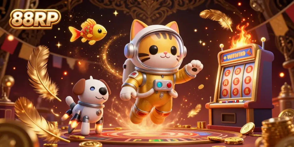Experience the excitement of 88RP with a whimsical casino scene featuring a space astronaut cat and robot dog.