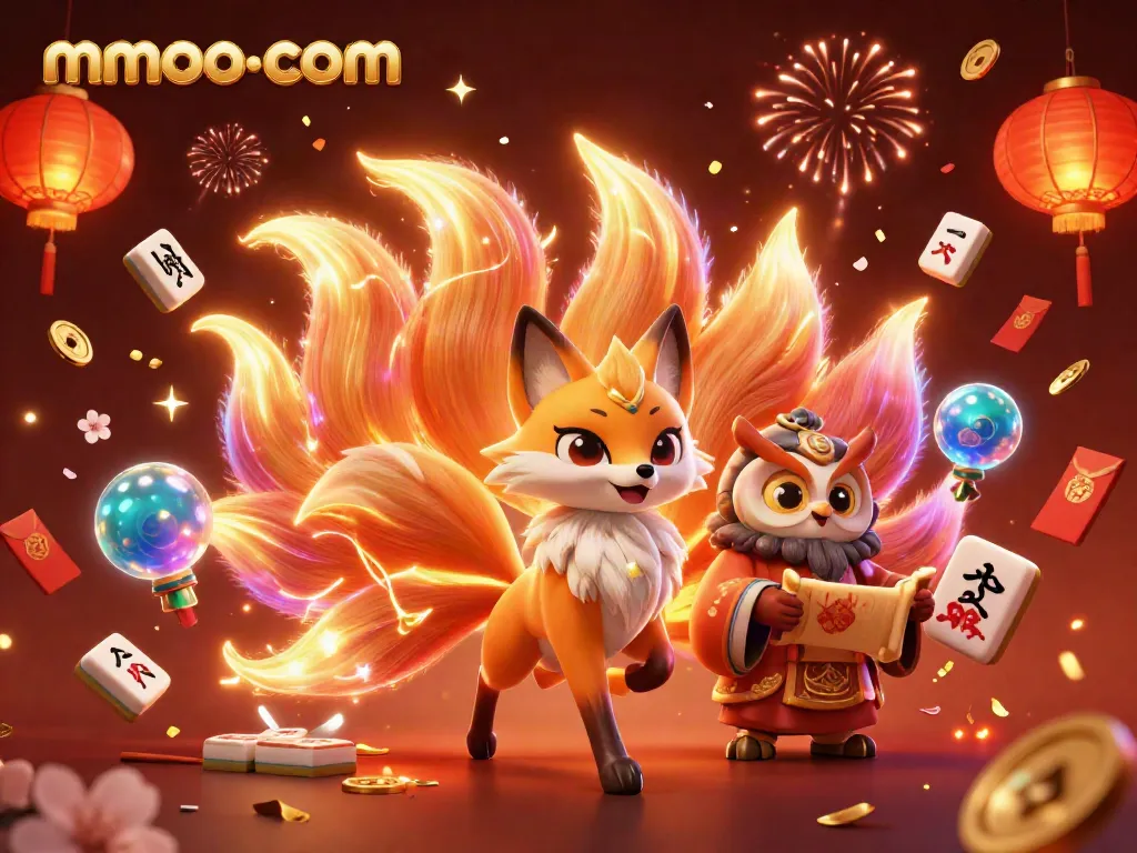 Play games at mmoo-com surrounded by fortune symbols and vibrant characters in a celebration setting.